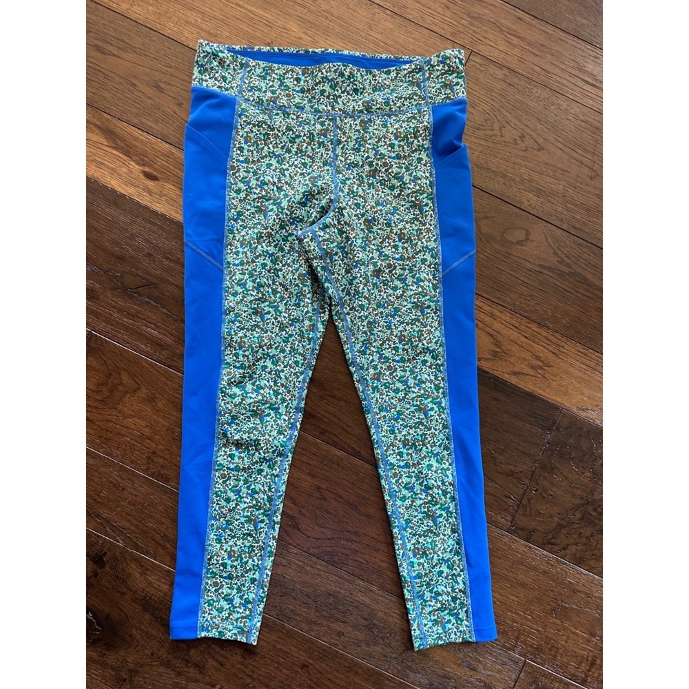 Lands End Womens Floral Active Leggings Blue Green Pockets Petite Large 14-16